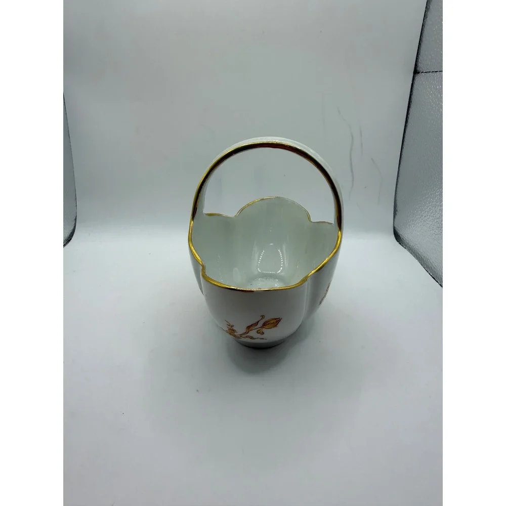 Vintage Limoges France Porcelain Basket Yellow Rose Gold Gilt Trim Scalloped‎